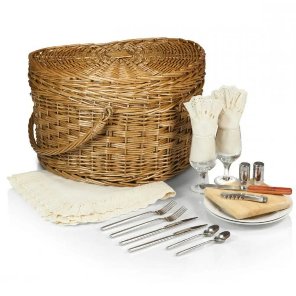 Lauren Modern Classic Brown Willow Cream Heart Picnic Basket with Serveware for 2