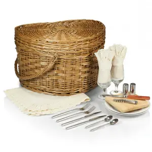 Lauren Modern Classic Brown Willow Cream Heart Picnic Basket with Serveware for 2