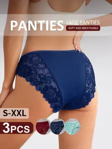 3 Pcs/Set Women Mid Waist Lace Triangle Panties Anti-Roll Waist Full Coverage Soft Sexy Solid Color Sheer Easy Care For Maternity Postpartum