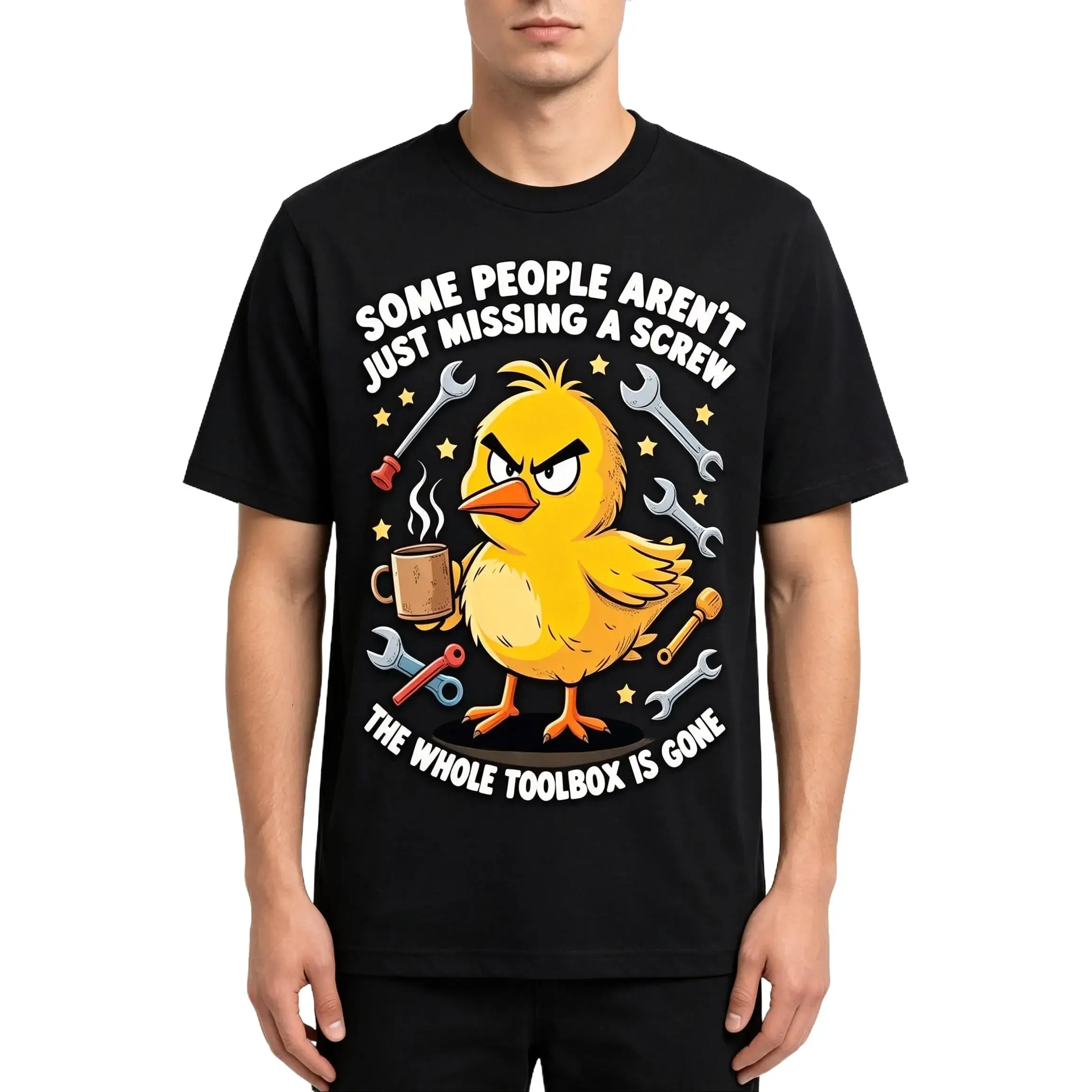 Men's Funny Graphic T-Shirt with a Retro 'Missing a Screw' Duck Print, Soft Cotton Shortsleeve Tee for Casual Workwear Outfits