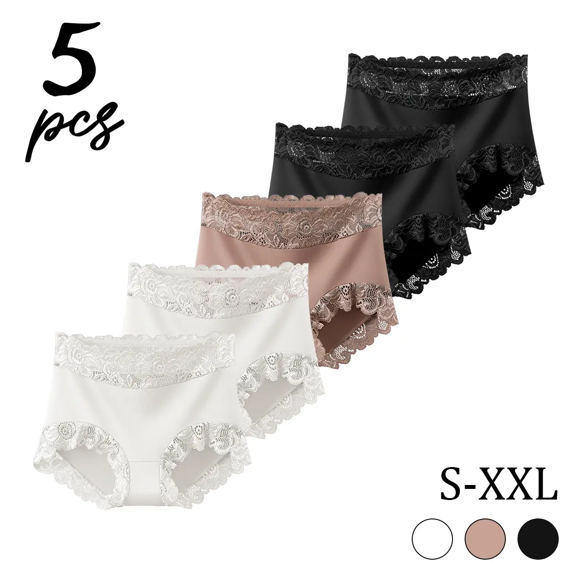 5‑Pack Women Mid‑Waist Solid Color Lace Briefs, Elegant Lace Trim Sexy Panties, Soft Breathable Lightweight High Stretch Elastane Underwear, Daily All‑Season Wear S‑XXL