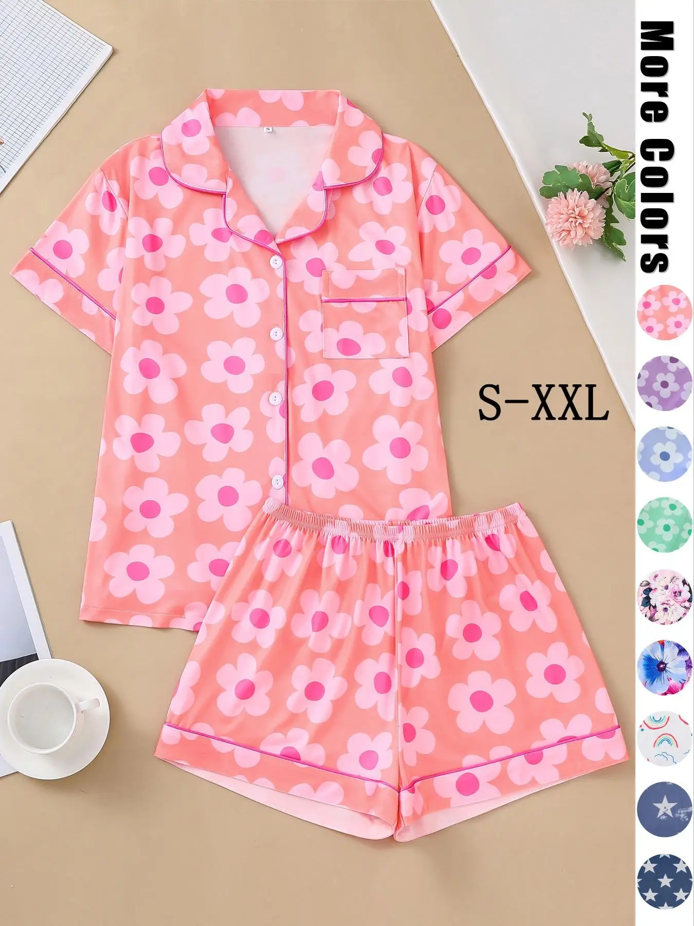 Two-piece Set Lgbtq+ Women's All Over Print Pyjama Set, Fitted Chic Elegance Breathable Lapel Neck Button Pocket Shirt & Elastic Waist Shorts, Summer