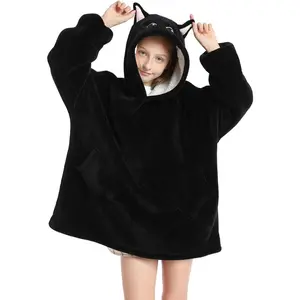 Wearable Blanket Hoodie for Kids 6-12YR Oversized Animal Hooded Blanket Super Soft Comfortable Warm Flannel Black Cat