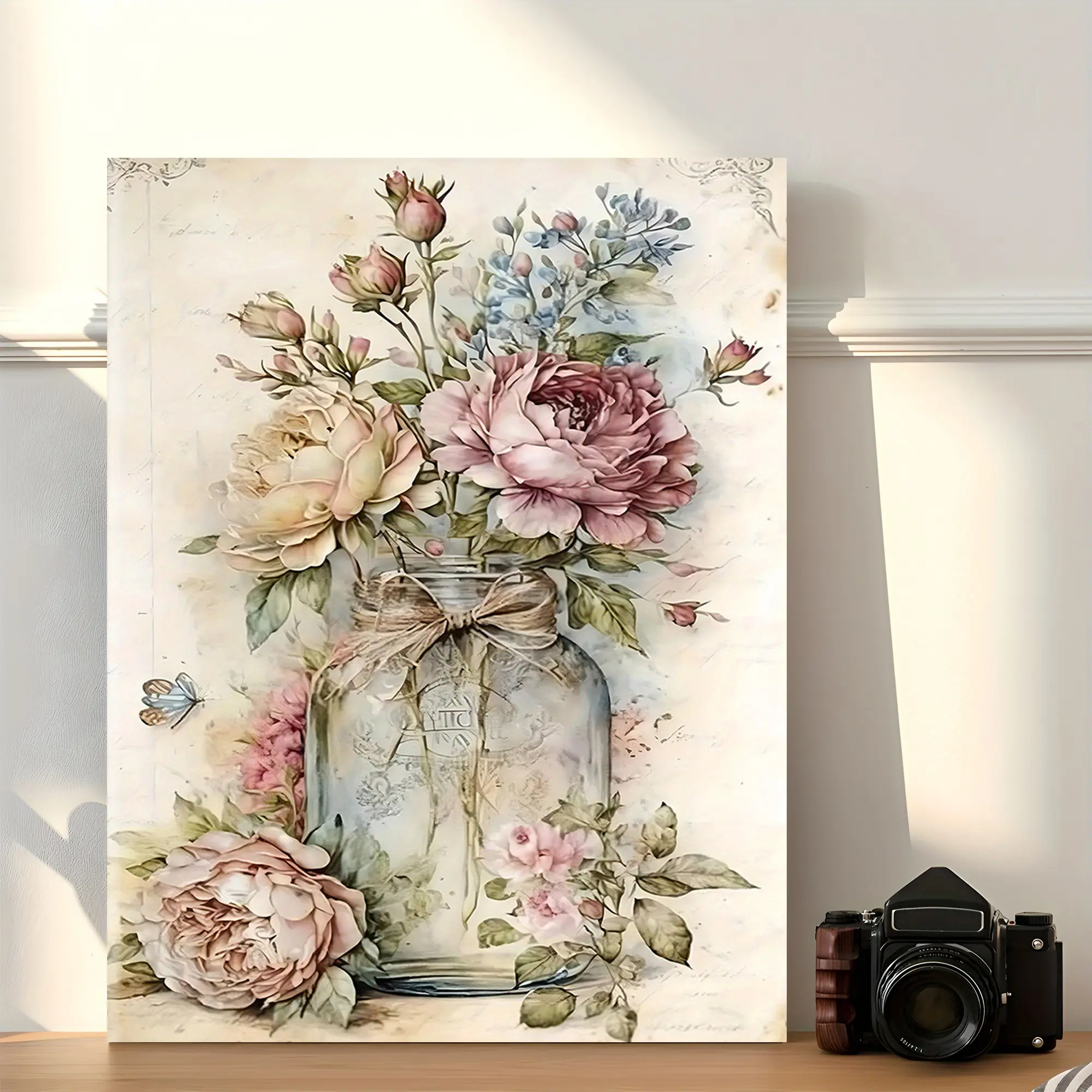 Rose Print Floral Wall Art - 1-Piece "Bottle Flowers" Country Style Pine Wood Framed Large Decorative Painting, Layered Spray Finish, Hand-Packed Themed Wall Arts for Living Room, Bedroom Decoration