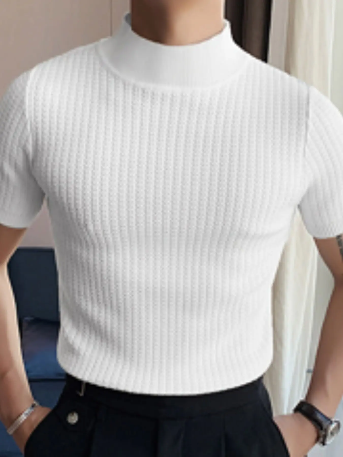 New Summer Men's Short Sleeve Tight Fit Simple Top, Knitted Baselayer Half High Neck Solid Color T-Shirt, Casual Fashion Wear