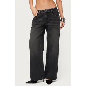 Edikted Women's Petite Quincy Studded Low Rise Baggy Jeans
