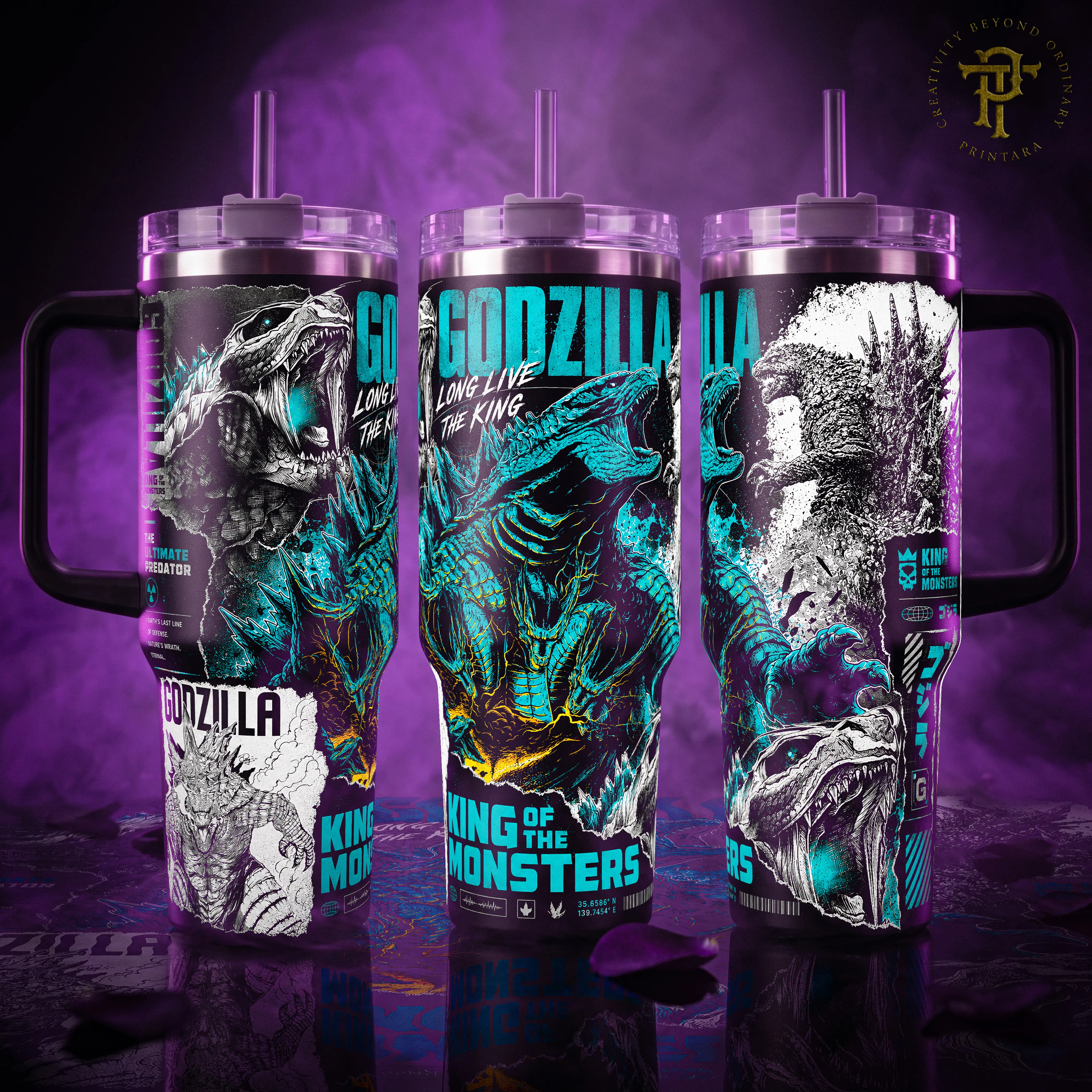 Godzilla King Of The Monsters 40 20 oz Insulated Tumbler Stainless Steel Handle Straw Keeps Drinks Hot Cold Teal Ultimate Predator Movie Merch For Fans Water Bottles Bottled Washable