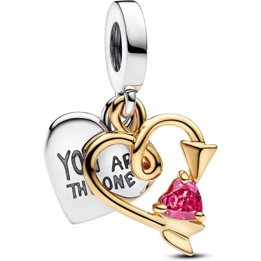 Pandora Engravable Heart & Arrow Double Dangle Charm 763622C01, Engraved, Cupid's Arrow, Red Stone, Gift, Adults, 14-Carat Gold Plated Charms & Pendants, Heart-Shaped, Loved Ones, Collectibles, Personalized Jewelry, Engraved Charm