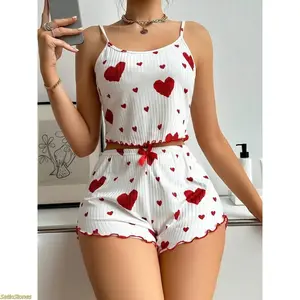 Women's 2-Piece Pajama Set, Sleeveless Heart Print Cami Top with Adjustable Spaghetti Straps, Lettuce Trim Comfy Shorts, Summer Clothes for Loungewear & Sleepwear