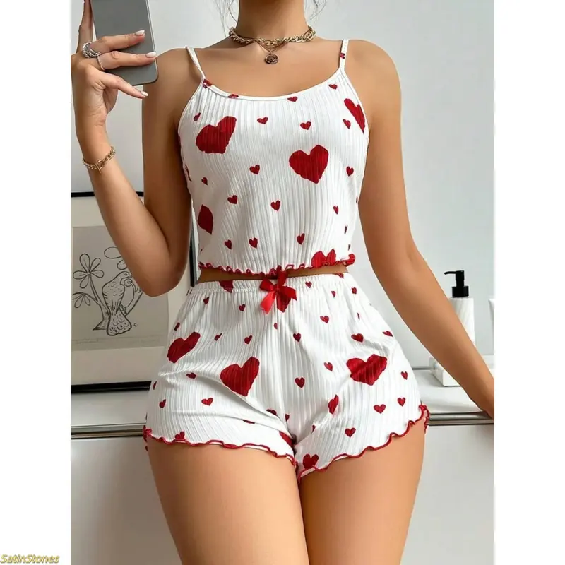 Women's 2-Piece Pajama Sets Women Clothes - Sleeveless Heart Print Cami Top with Adjustable Spaghetti Straps, Lettuce Trim Comfy Shorts, Summer Loungewear & Sleepwear