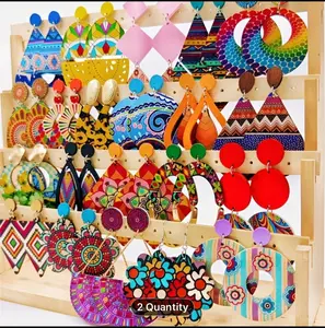 Jewelry bohemian style ethnic wooden colorful mixed random assortment women’s fashion dangle earrings set, 2/5/10 pairs