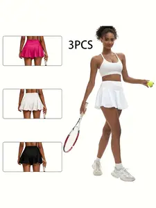 Women's 3-Pack 2-in-1 Skorts, High Waist Stretchy Flowy Mini Skirt with Pockets, Womenswear Bottom for Summer Yoga Activewear, Black