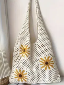 Fashion Flower Pattern Crochet Tote Bag, Boho Style Casual Shoulder Bag for Beach Trips, All Seasons Ideal Handbag