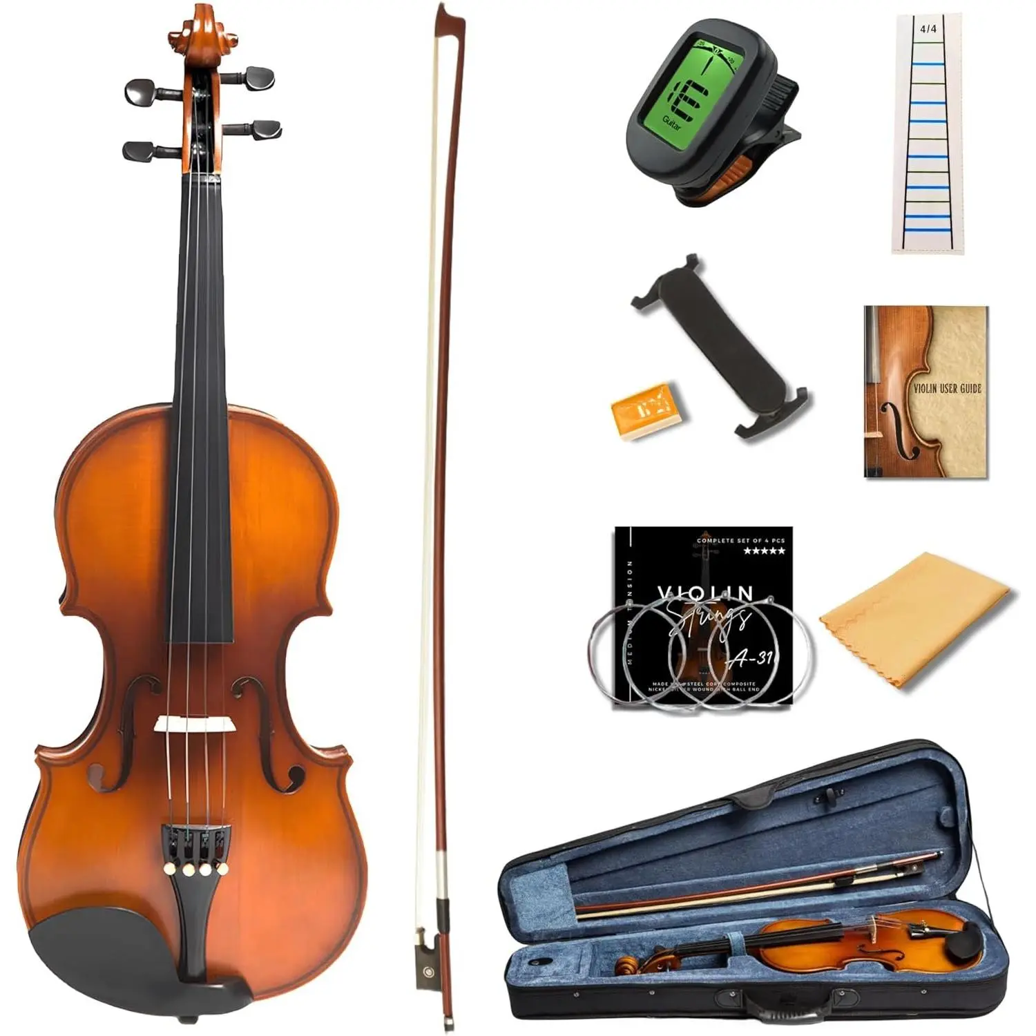 4/4 Full Size Violin for Adults - Solid , Spruce Top, Maple , Pro Brazilwood Bow, Hard Case,  Rest,  Tuner, Extra Strings & Rosin (MVA-800)