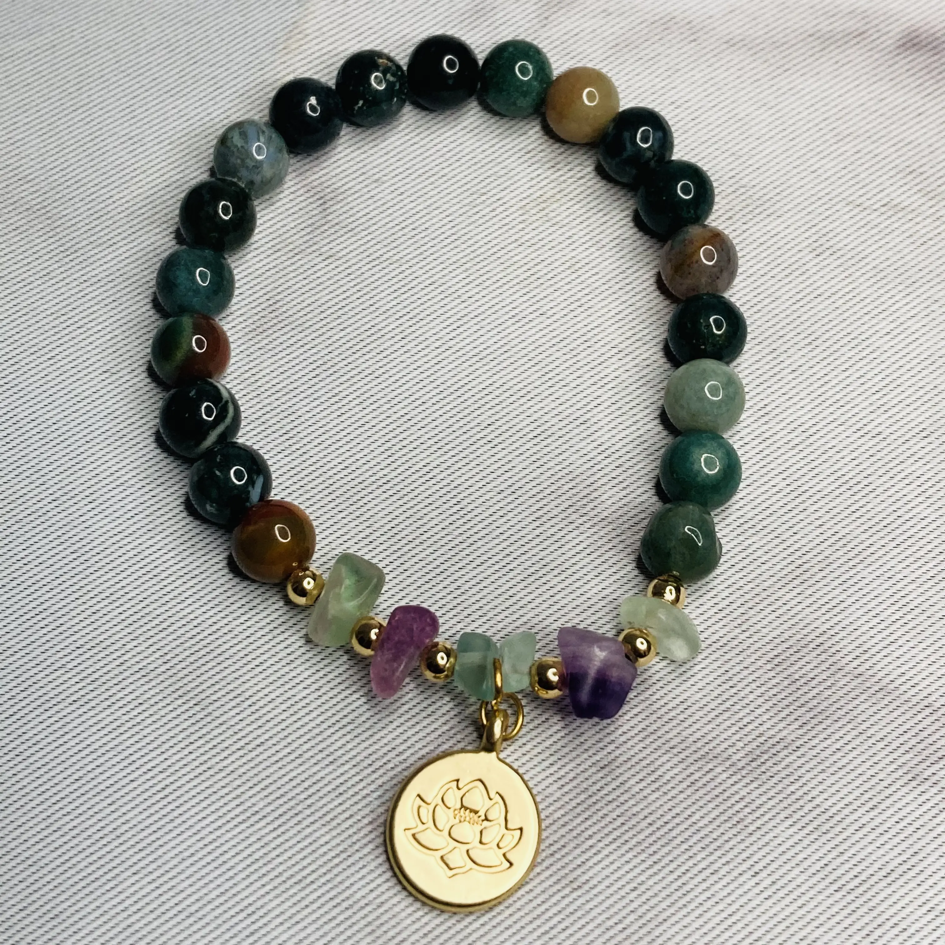 Fluorite * 18K Matte Gold Lotus * Indian Agate Bracelet