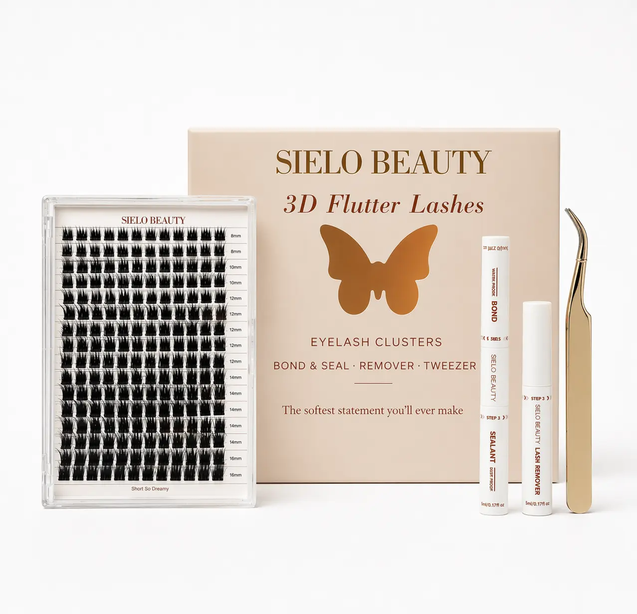 "Short So Dreamy" Kit, Sizes 8mm-16mm, Sielo Beauty 3D Flutter Lash Kit, DIY Eyelash Kit with Customizable Lashes, Tweezer, Lash Bond & Seal, Lash Remover Oil, Fluffy Design, Includes Tray of Cluster Lashes