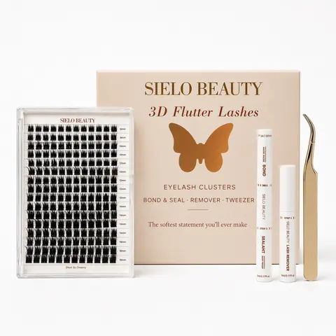 "Short So Dreamy" Kit, Sizes 8mm-16mm, Sielo Beauty 3D Flutter Lash Kit, DIY Eyelash Kit with Customizable Lashes, Tweezer, Lash Bond & Seal, Lash Remover Oil, Fluffy Design, Includes Tray of Cluster Lashes