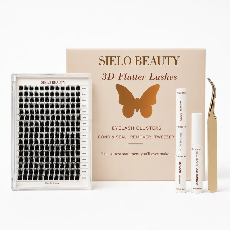 "Short So Dreamy" Kit, Sizes 8mm-16mm, Sielo Beauty 3D Flutter Lash Kit, DIY Eyelash Kit with Customizable Lashes, Tweezer, Lash Bond & Seal, Lash Remover Oil, Fluffy Design, Includes Tray of Cluster Lashes