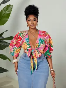 Plus Size Women's Shirt Blouse, Chest Tie Design Vacation Style Boho, Fashion Versatile Leopard Pattern Print, Long Sleeve Fitted Casual Top