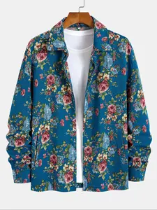 Men's Floral Print Button Zipper Loose Fit Jacket, Loose Casual Long Sleeve Collared Outerwear for Fall & Winter, Men's Clothes for Daily Wear