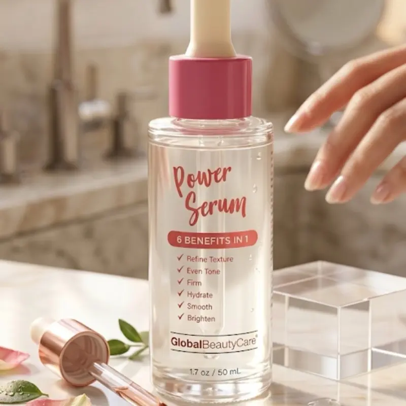 Global BeautyCare Power Serum - 50 mL in Glass Bottle with Pink Cap - 6 Benefits in 1 for Skincare 3 Comfort (2 Bottles)