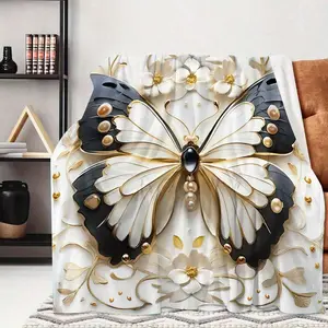 1pc Contemporary 3D Relief & Floral Print Flannel Blanket - Soft Lightweight All-Season Throw With Black White Golden Design, Elegant 3D Texture Travel, Camping, Home Decor - Cozy Bedspread Or Couch Cover, Washable Luxury Beddi