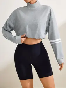 Women's Sporty Yoga Casual Sweatshirt, Loose Fit Sexy Fitness Short Top, Drop Shoulder Long Sleeve High Neck Outdoor Commuter Waist Cincher, Sports Tops