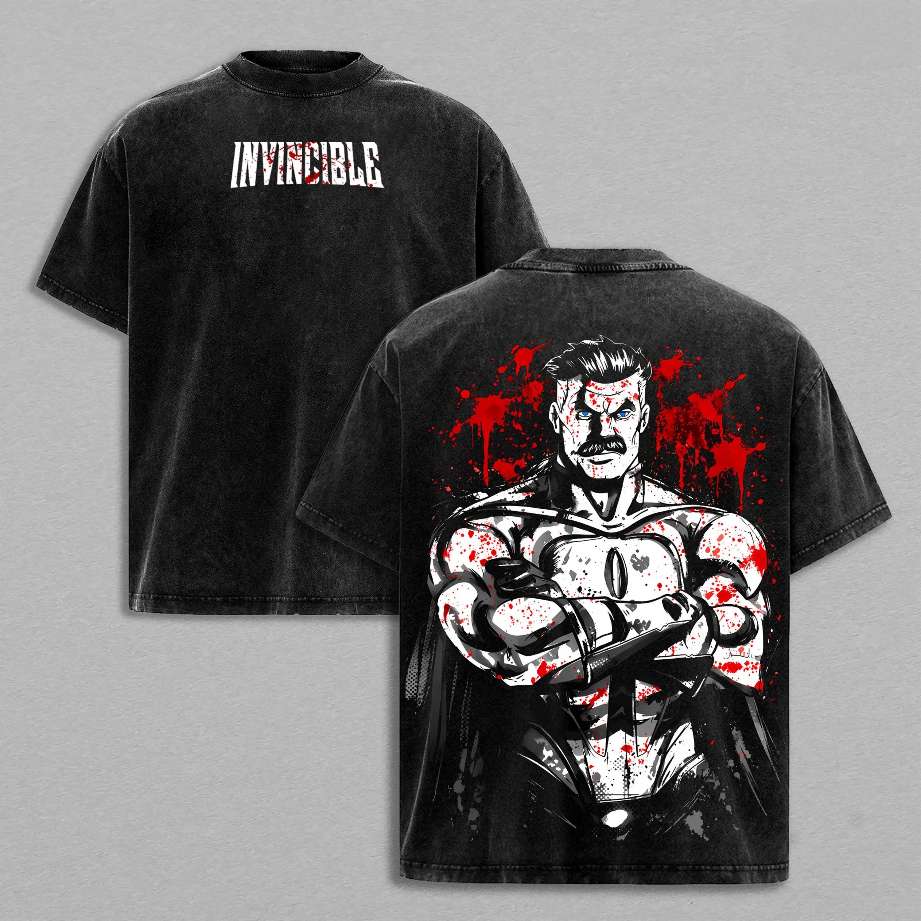 Omni-Man Washed Tee & Hoodie – Invincible Viltrumite Warrior Anime Graphic Double Printed T-Shirt, Menswear Heavy Cotton Unisex Oversize Streetwear Vintage Retro,funny graphic tee, men’s trendy t-shirts,