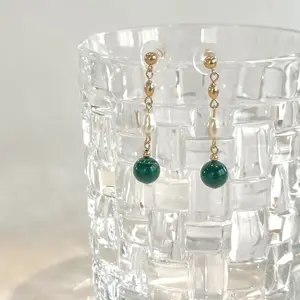 Bellaje Handmade Natural Malachite and Freshwater Pearl Gold Earrings, 14K Gold Filled Earrings, Tarnish Free Handmade Earrings, Gift for her, Mother's Day Gift