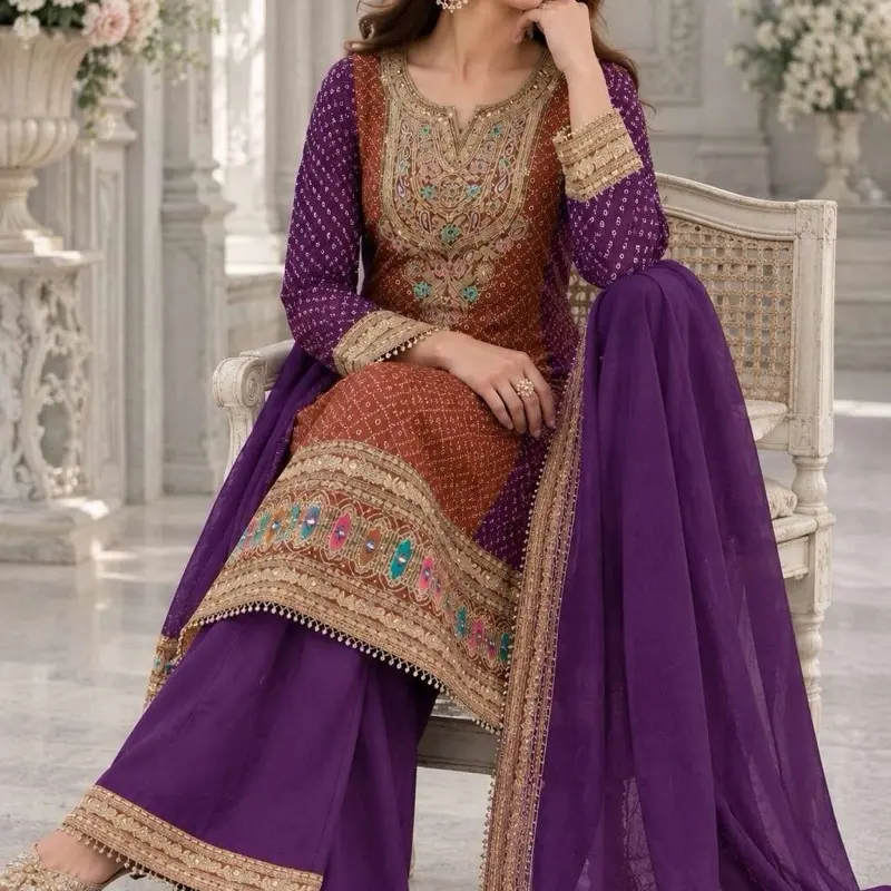 3-Piece Ethnic Ensemble: Pure Muslin Bottom with Kirdari Hand Embroidery, Pure Santoon Dupatta, Chinon Fabric with Border.