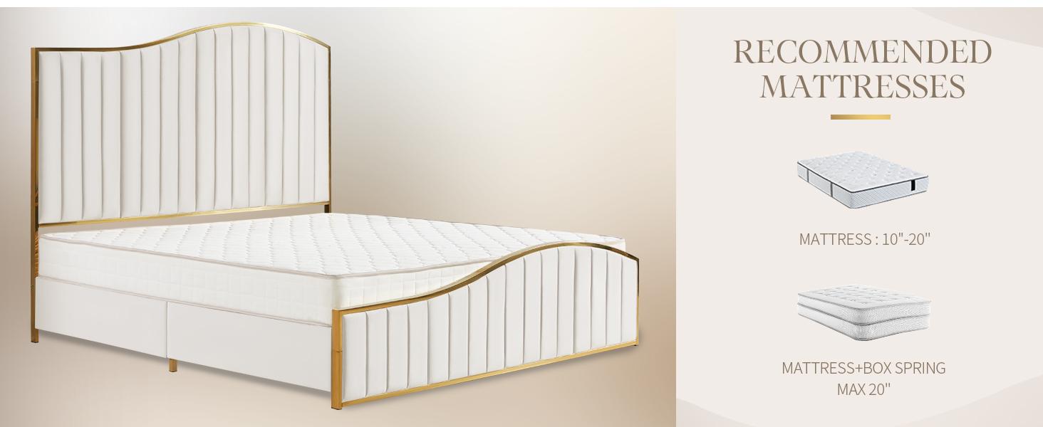 AMERLIFE 61.4 Tall Harp Bed Frame, Modern Velvet Upholstered Bed with Vertical Channel Gold Trim Headboard and Footboard/Comfortable&Sturdy/ Luxury Furniture Design/Queen/King Size/Best Gift Ideas/Christmas Gifts