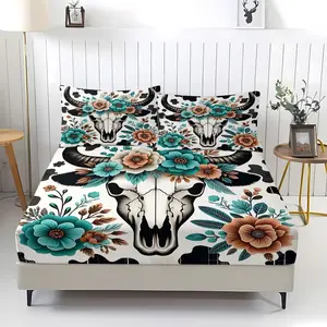 3pcs Western Style Bedding Set, Bull skull+Cow print Fitted Sheet Set, Decorative Bedsheet Sets, Featuring Country Bedrooms and Western Homestay Rooms, Retro Outdoor and Other Home Styles, Including 1 Fitted Sheet and 2 Pillowcase