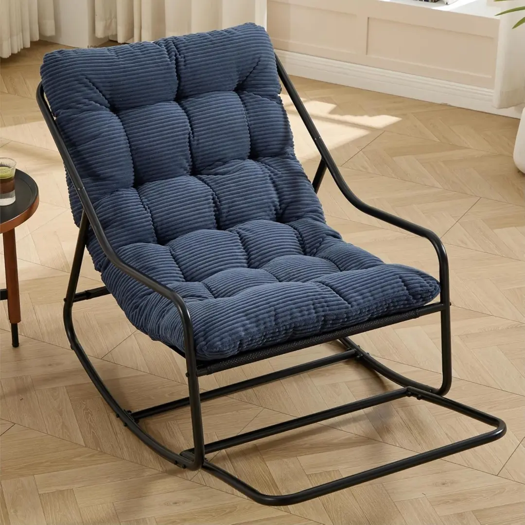 Papasan Rocking Chair with Metal Frame, Outdoor Rocker Chair, Lounge Comfy Rocking Chair for Porch Patio Garden/Indoor Living Room, Oversized (Navy Blue Corduroy)
