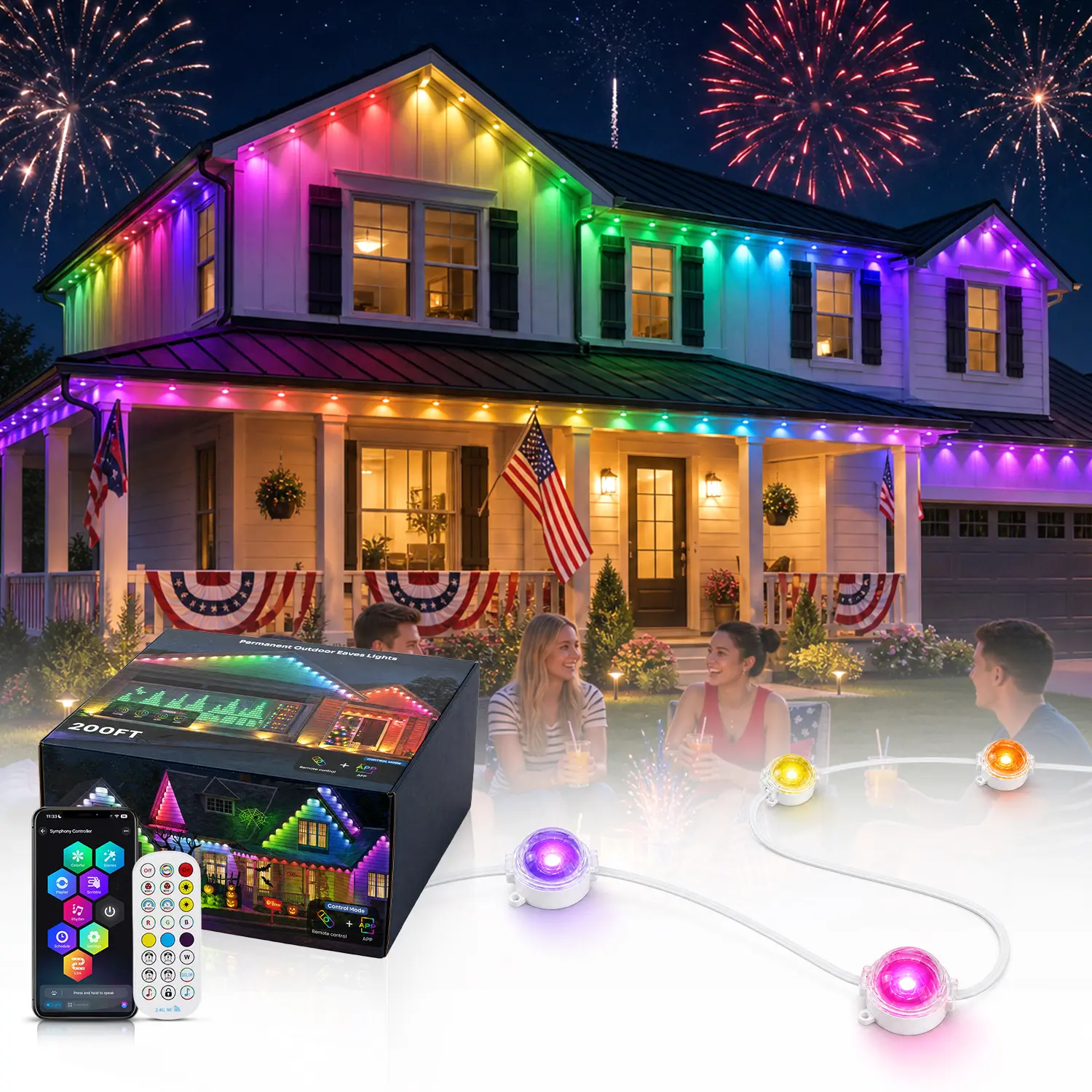 GALENTAL Permanent Outdoor Eaves Lights, RGBIC Smart LED Roofline Lights with App & Remote Control, 16 Million Colors, 75 Scenes, Music Sync, Weather-Resistant Holiday Decor for Home, BackToSchool