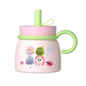 Insulted 24 OZ Ceramic Coffee mugs With Cute Monster Stickers,Extra Large Mugs,Large Handle Tumblers With Straw,Built In Stainless Steel Insulation Coffee Cups for School,Office,Home Drinkware Insulated Reusable Pink