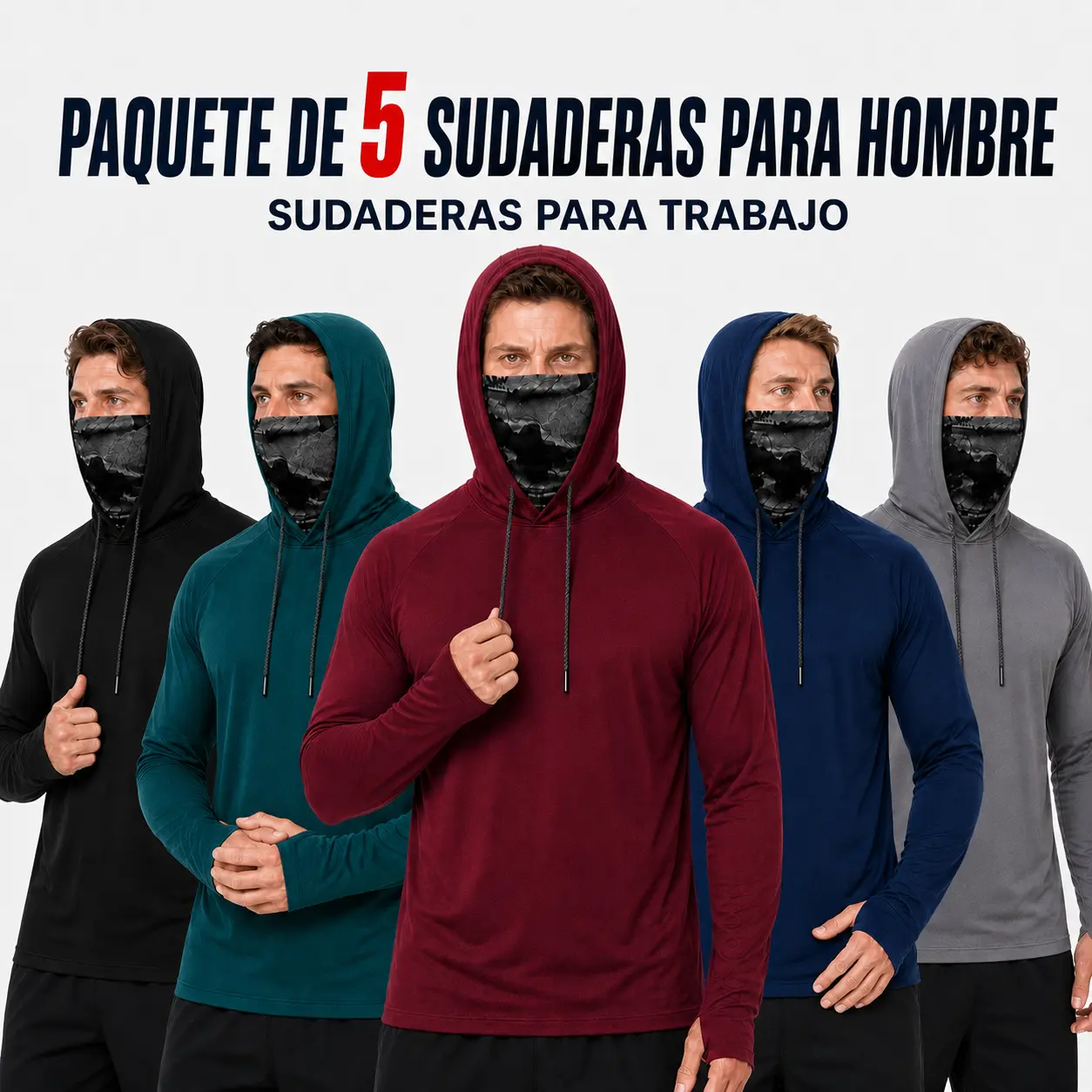 Men's 5-Pack UPF 50+ Sun Protection Shirts with Built-In Camo Face Cover, Quick-Dry Long Sleeve Sport Hoodies for Running, Hiking and Fishing