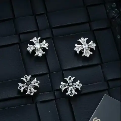 Men's Gothic Cross Stud Earrings - Black Silver Stainless Metal Alloy, Rhinestone Accents, Cross Embellishment, Easy Fit, Lightweight, Durable Unisex Biker Costume Jewelry, Daily Streetwear Accessory, Gothic Cross Earrings