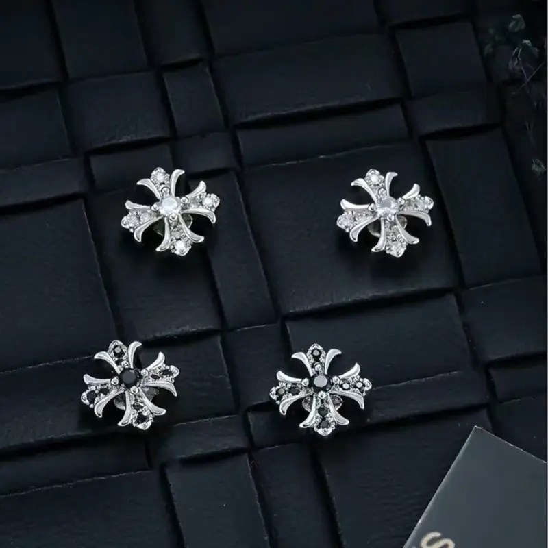 Men's Gothic Cross Stud Earrings - Black Silver Stainless Metal Alloy, Rhinestone Accents, Cross Embellishment, Easy Fit, Lightweight, Durable Unisex Biker Costume Jewelry, Daily Streetwear Accessory, Gothic Cross Earrings