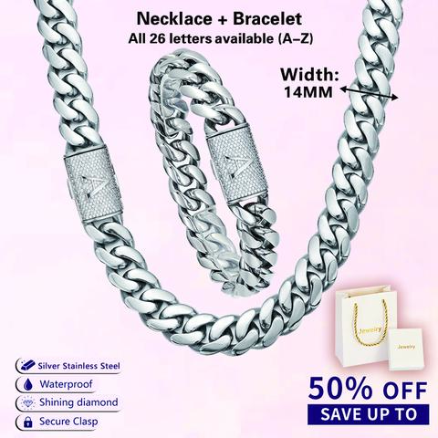 Men's Jewelry Cuban Link Chain Set - 14mm Silver Stainless Steel Necklace & Bracelet, Bold Profile, Hypoallergenic Water-Resistant Heavy Chain & Link, Alphabet A-Z Initial Clasp, 18-26in, Gothic Punk, Casual Unisex Adult Gift