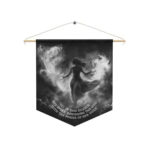 "With the Power of her Voice" Under the Horn of Hearth Pennant Banner 18x21 Inch Lightweight Polyester Twill Wall Decor with Wooden Dowel Frame & Laser Cut Edges Hanging Ornaments
