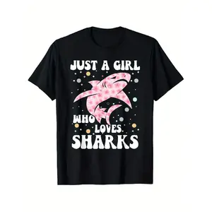 Men'S Just A Girl Who Loves Sharks T-Shirt - 180g Heavyweight 100% Relaxed Fit Casual Round Neck Short Sleeve, with Pink Shark & Lettering Graphic, S-XXXL Sizes, Marine Life Casual Attire Shark Lover Apparel