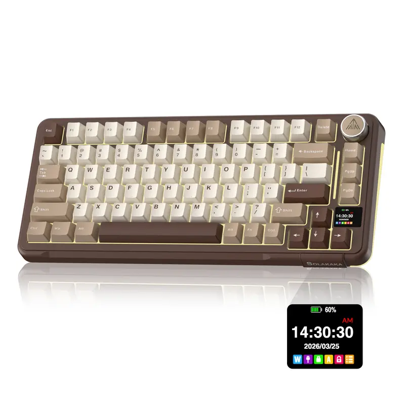Solakaka A75 Pro Wireless Mechanical Gaming Keyboard - Milk Coffee Brown, Tri-Mode 2.4G/BT5.0/USB-C, RGB Backlit with Rotary Knob & Screen, Hot Swappable, 4000mAh Built-In Battery, Battery-Powered for PC Mac Work, Wireless Keyboards for Gaming & Office
