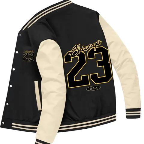 Men's Varsity Letter Print Crew Neck Button-Up Jacket, Casual Long-Sleeve Cozy Fleece Medium-Length Coat with Stretch Fabric Details, Black