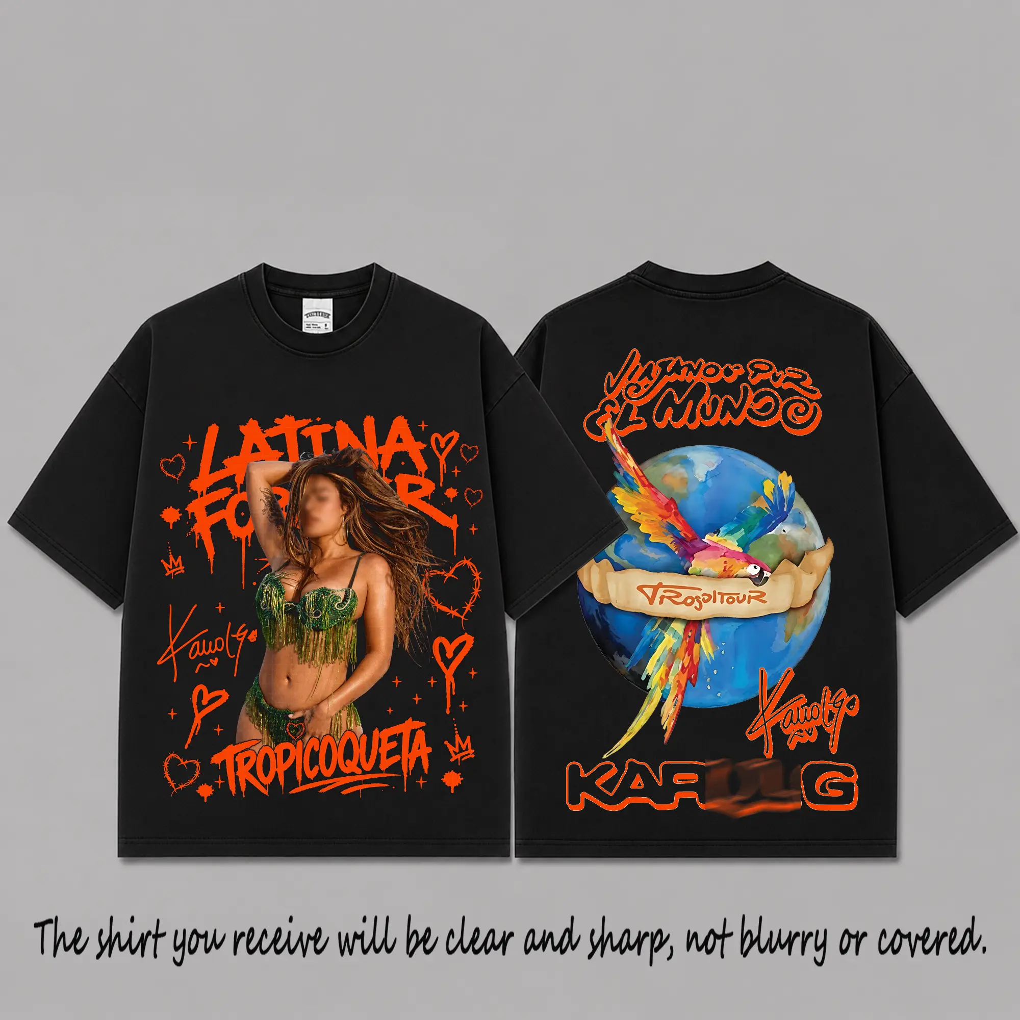 Latina Forever Tropicoqueta Viajando por el Mundo Graphic T-Shirt, Tropitour Latin Pop Fan Tee, Tropical Parrot Concert Merch, Black Oversized Streetwear Gift