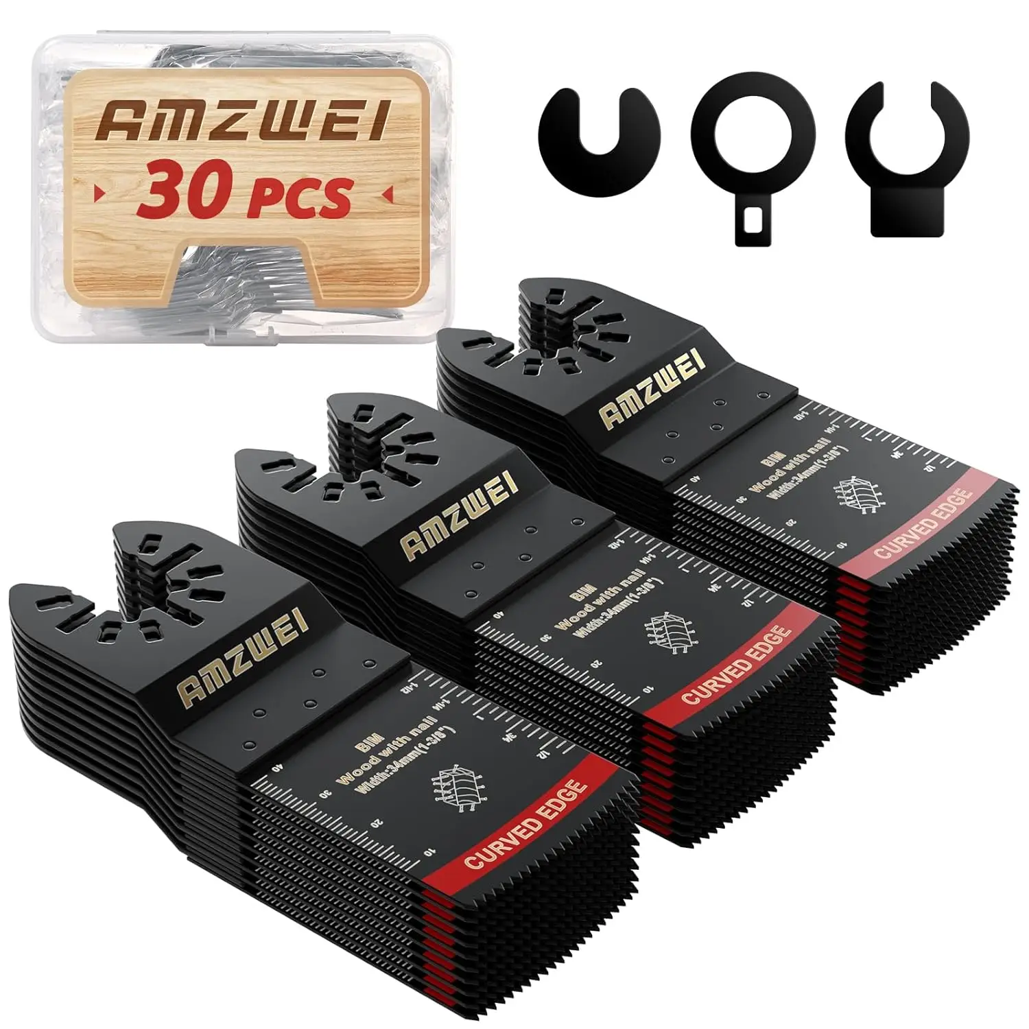 AMZWEI 30 Pcs Bi-Metal Oscillating Tool Blades, 1-3/8" Curved Edge Multitool Blades for Wood with Nails, Metal, Wood, Plastic, Oscillating Saw Blades