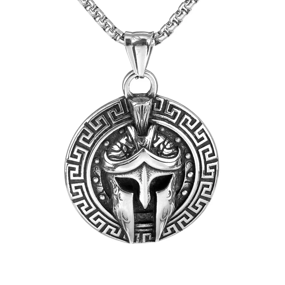 Vintage Ancient Greek Spartan Mask Pendant Necklace for Men Stainless Steel Warrior Charm Single Sided Statement Jewelry Gift