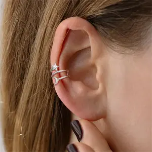 ChicSilver No Piercing Stackable Daily Simple High Polished Casual Star Moon Ear Cuff Earrings 925 Sterling Silver Cubic Zirconia Clip on Cartilage Ear Cuff Earrings for Women