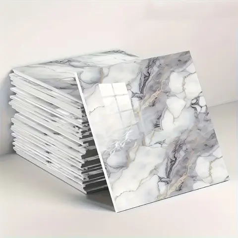 BRODARK 10/20Pcs Marble Peel & Stick Wall Tiles, Glossy Waterproof PVC, UV Printed Modern Pattern, 11.8x11.8in, Ideal for Kitchen Backsplash & Home Decor