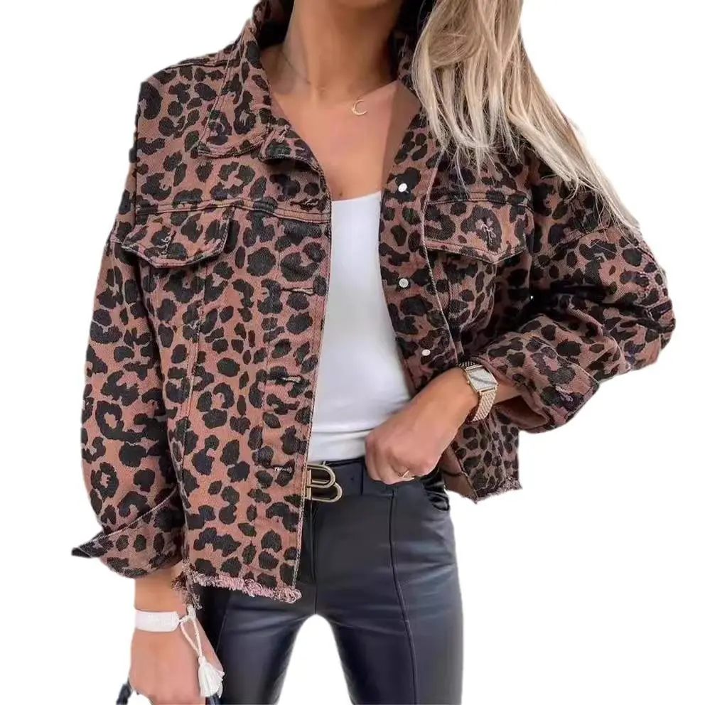 Women's Leopard Print Denim Jacket - V-neck, Button-front, Loose Fit, Long Sleeve, Lightweight, Leopard Wildness, Bold Fashion, High Effect Casual Outerwear for Spring, Fall Going Out