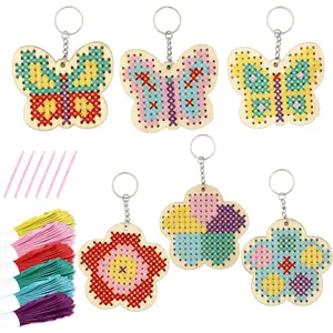 Wooden Cross Stitch Kits for Kids, Make Your Own 6 Cross Stitching Keyrings, Wood Sewing Kit, Arts & Crafts Butterfly, Flower Ornaments, Embroidery Kit for Beginners